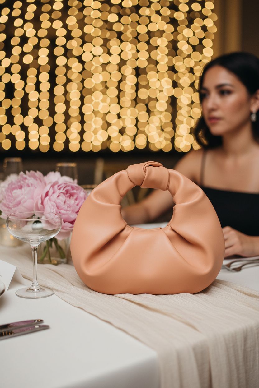 Verdusa apricot clutch purse elegantly placed on a table with peonies, perfect for wedding guests.