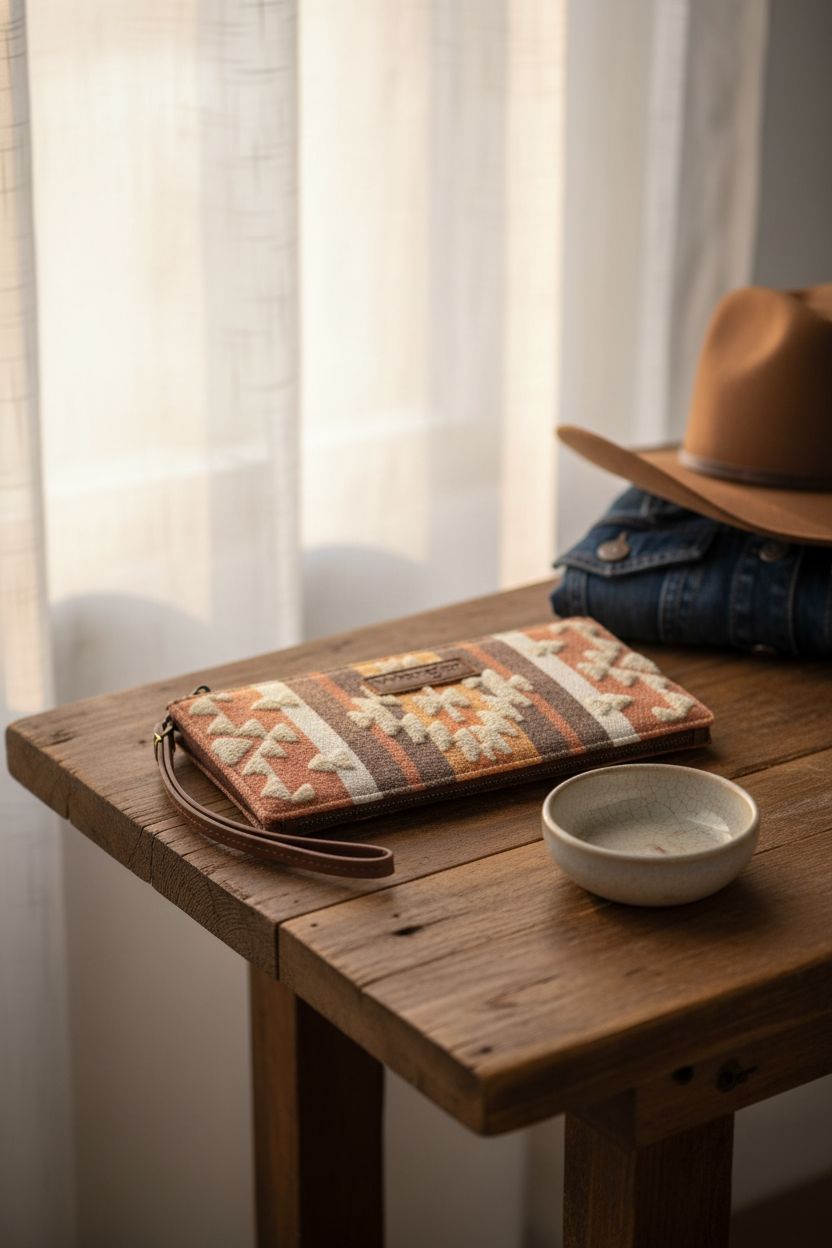 Montana West Aztec wristlet on barn-wood console, showcasing its rich texture and craftsmanship.