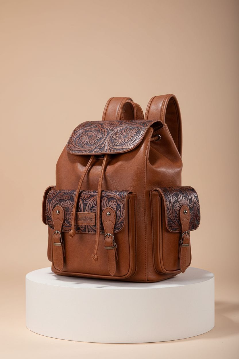 Montana West tooled leather backpack purse displayed in a clean studio setting