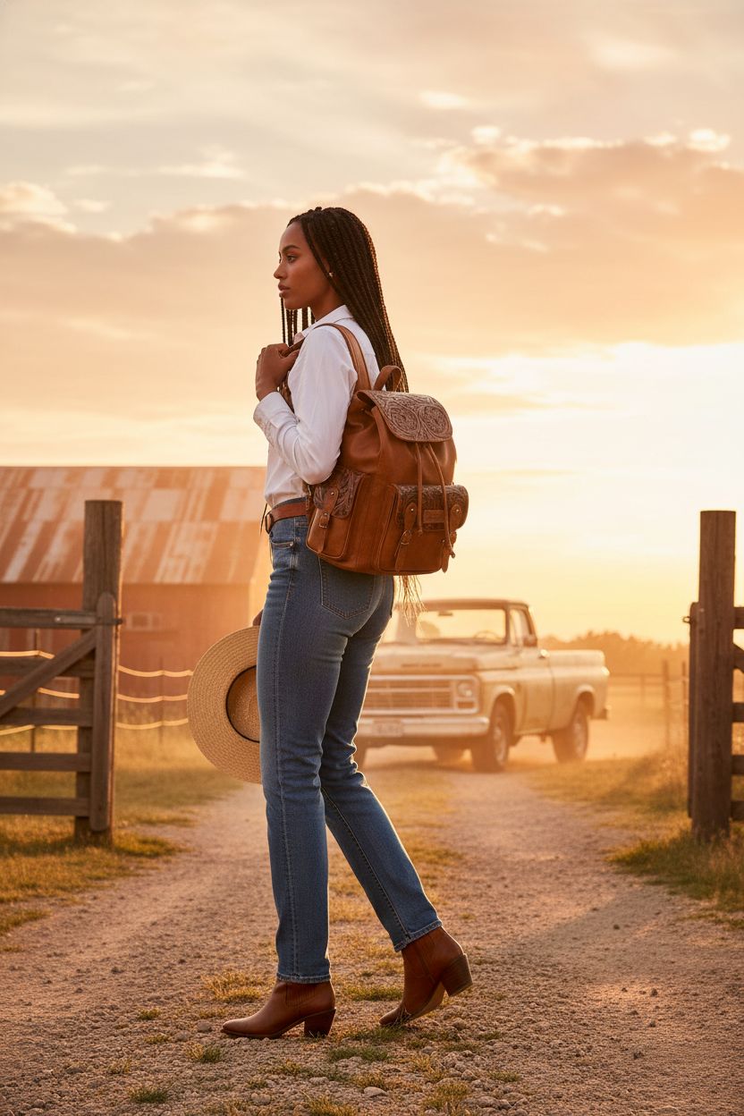Montana West western tooled leather backpack purse with floral flap in a ranch setting