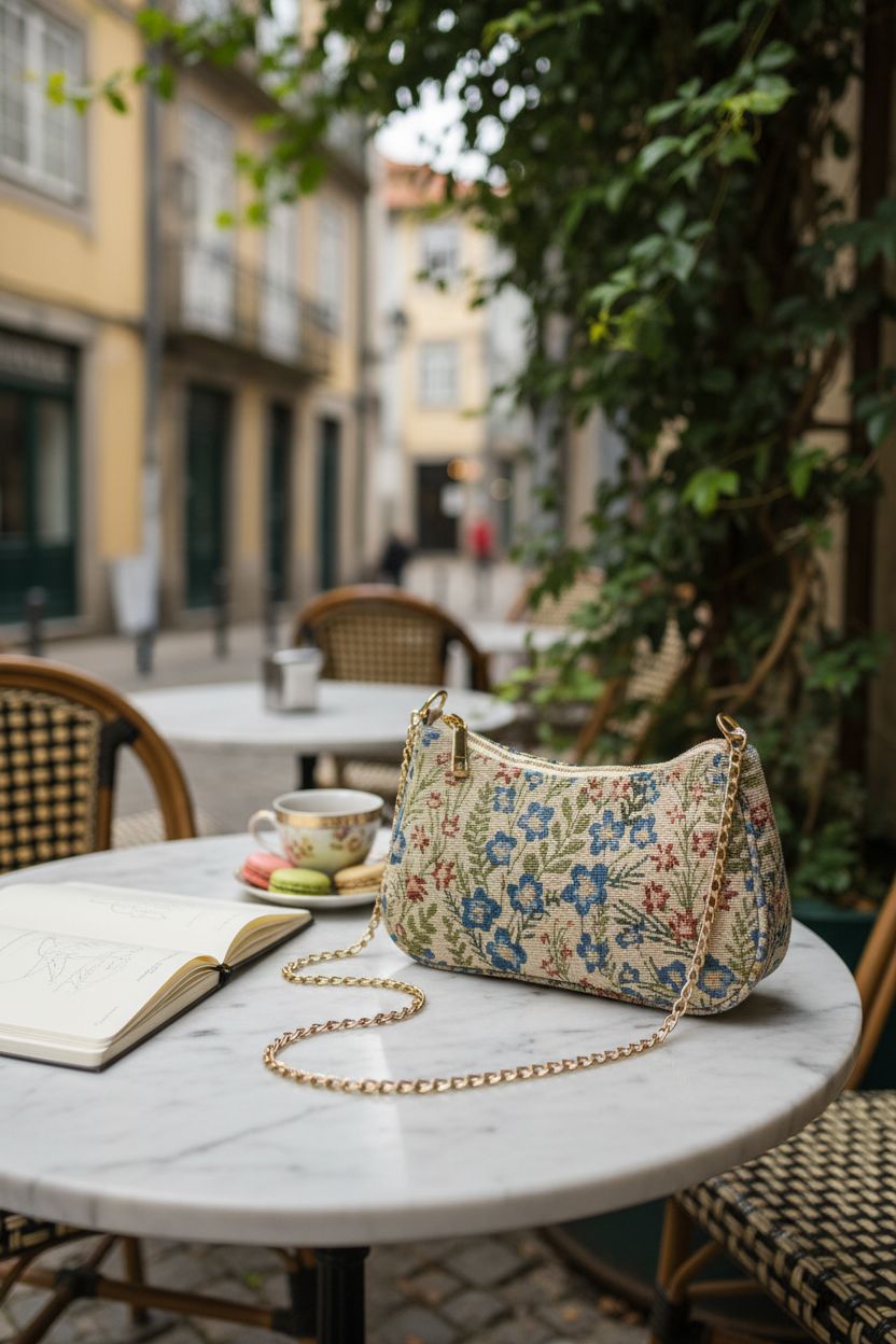 Verdusa whimsical purse displayed on a marble table in a cozy café, surrounded by macarons and a sketchbook.