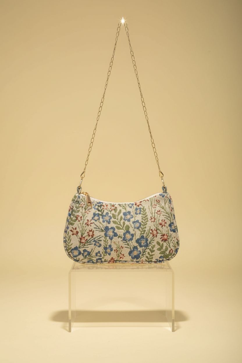 Verdusa women's floral purse showcased on an acrylic riser, highlighting its intricate design and gold chain.