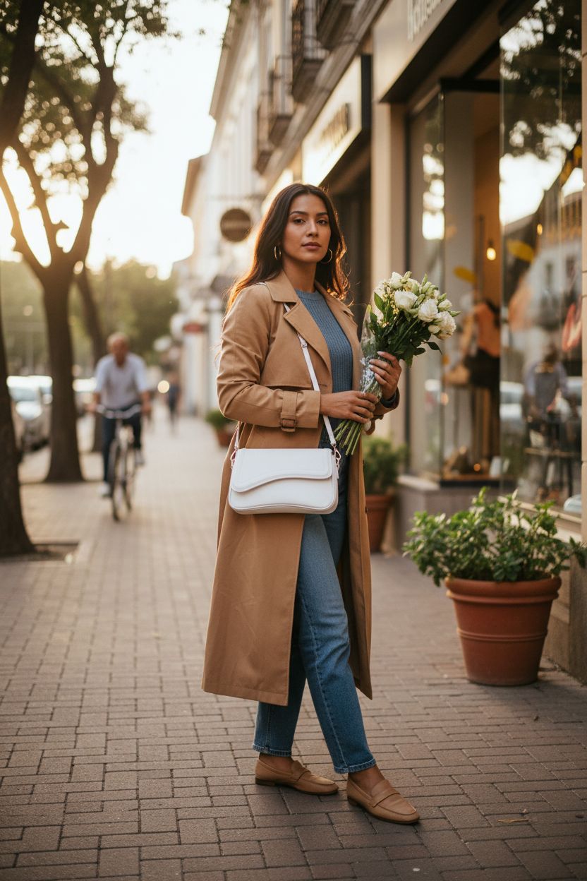 KKXIU white leather hobo bag showcased in golden-hour light on a boutique-lined sidewalk.