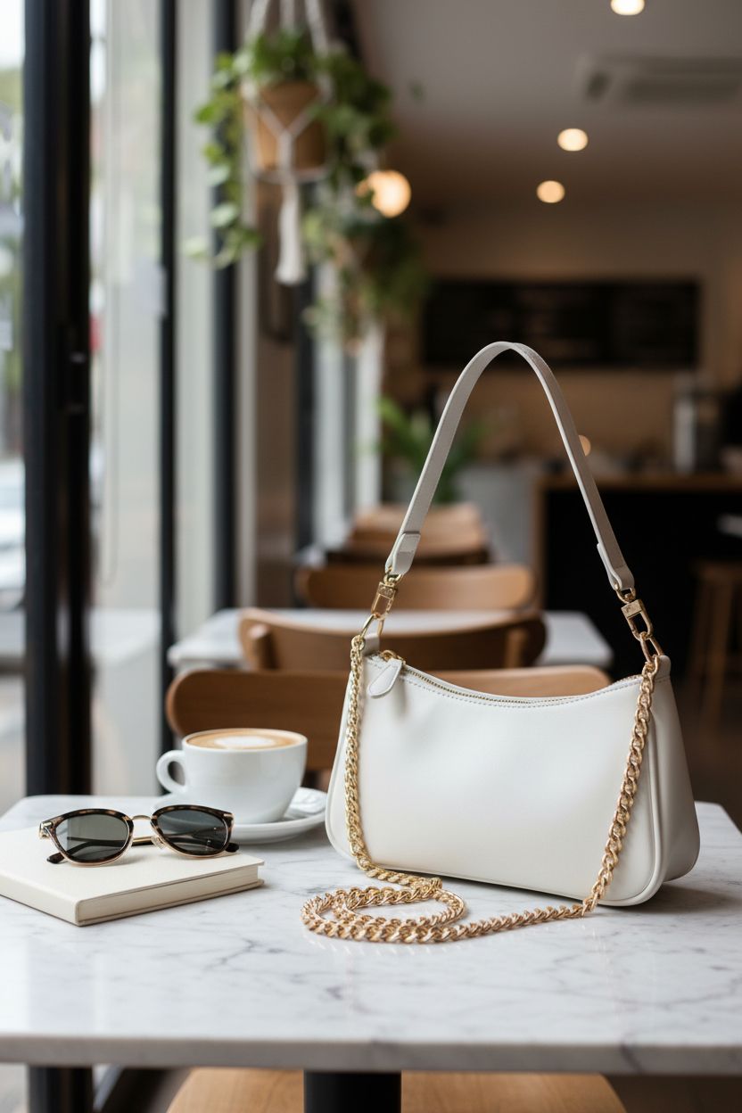 VODIU white mini bag elegantly placed on a marble tabletop in a cozy cafe, exuding sophistication.