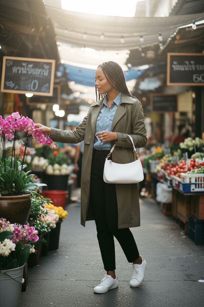 VODIU white mini bag under the arm at a sunlit farmers market, showcasing style and versatility.