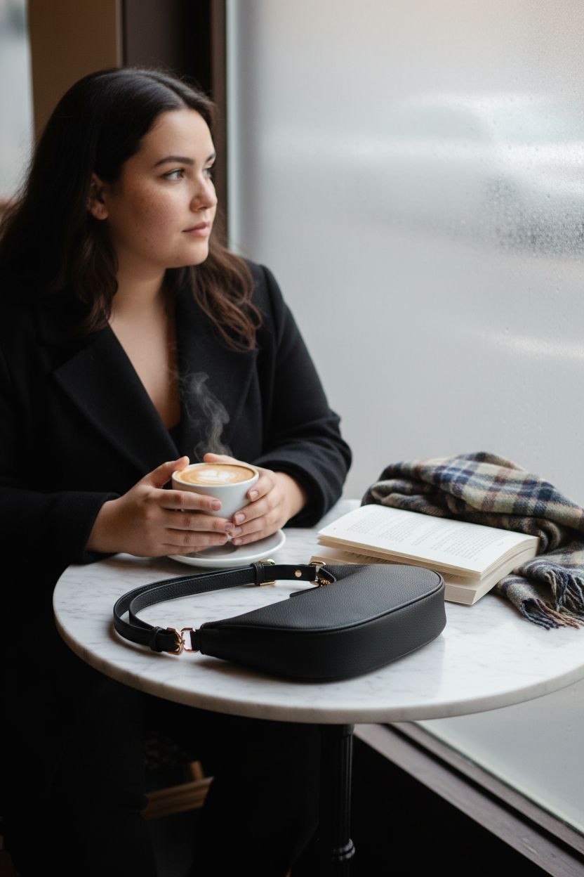 Cozy winter café setting featuring FashionPuzzle black crescent bag on marble table, adding warmth to your look.