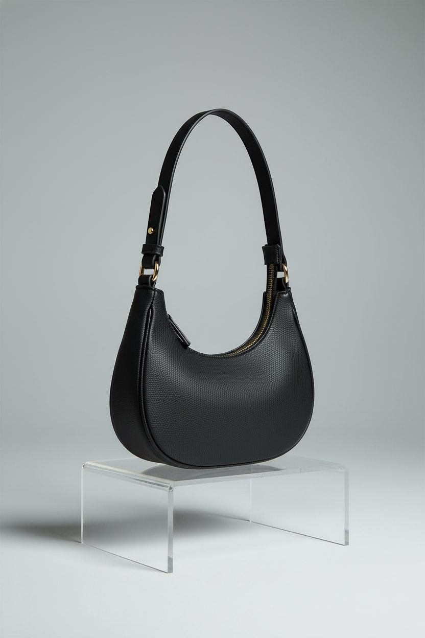 Close-up of FashionPuzzle black crescent shoulder bag on a gray backdrop, highlighting its chic design.