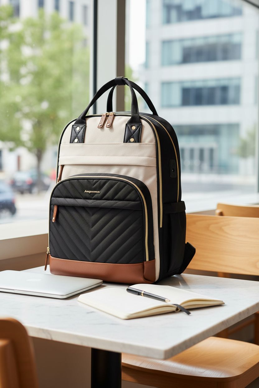 Bagswan black quilted backpack beside a laptop in a cozy café, illustrating its stylish design and functionality.