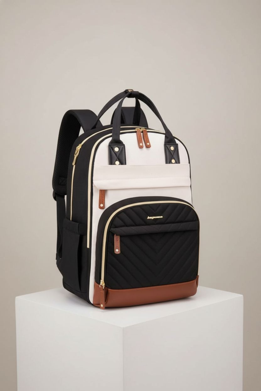 Detailed view of Bagswan's laptop backpack, showcasing quilt pattern, leather accents, and anti-theft features.