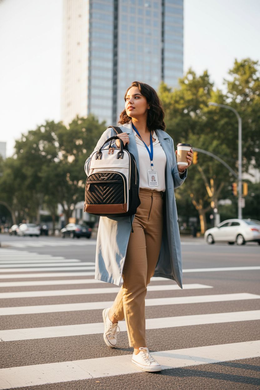 Black quilted laptop backpack for women by Bagswan, showcasing tan leather accents in a business district.