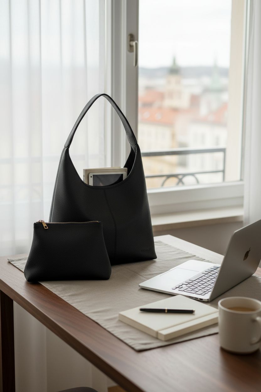 Black hobo bag from BGGJUE on a walnut desk, adding elegance to a serene workspace.