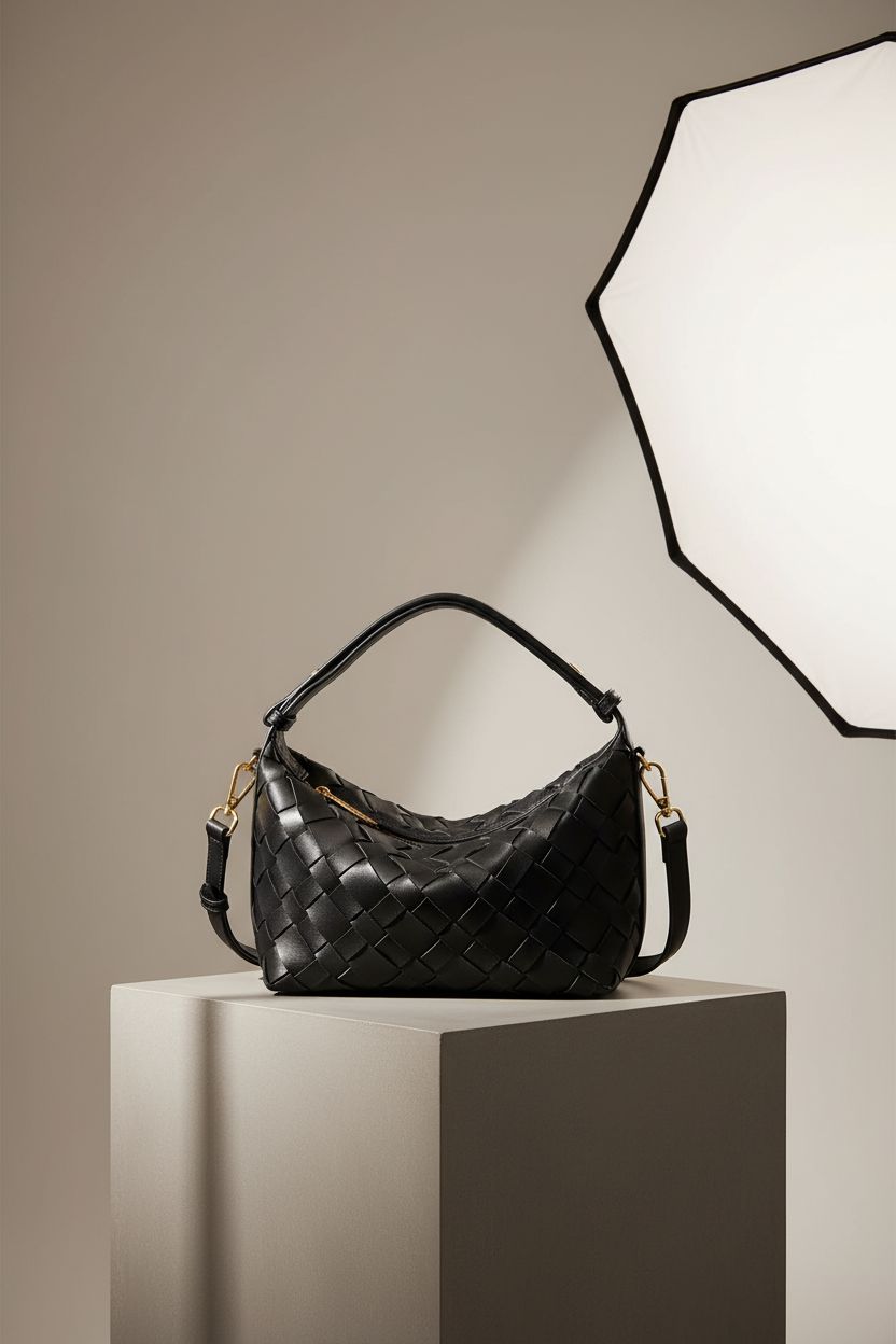 Joryin black woven leather purse featured on a minimalist display, highlighting its exquisite craftsmanship.