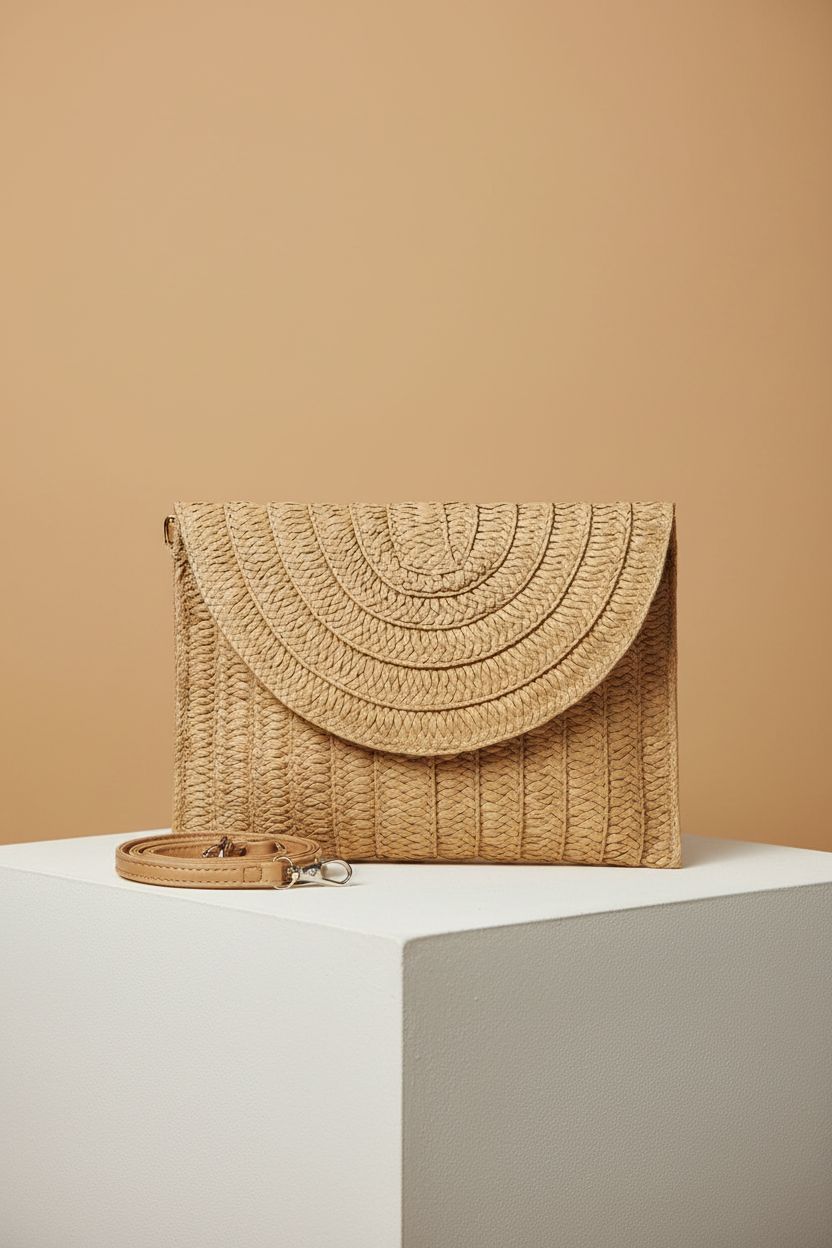 COOKOOKY woven envelope bag showcased on a minimal pedestal, highlighting its design.