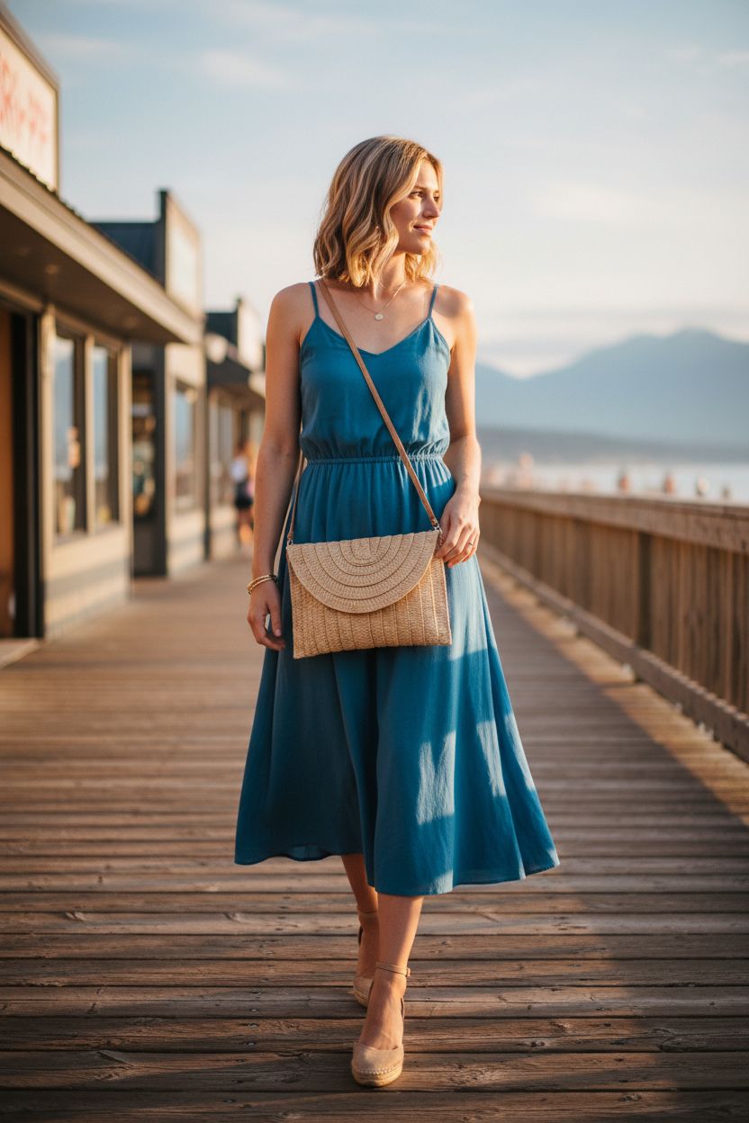 COOKOOKY woven summer bag in light brown on a boardwalk, perfect for beach outings.