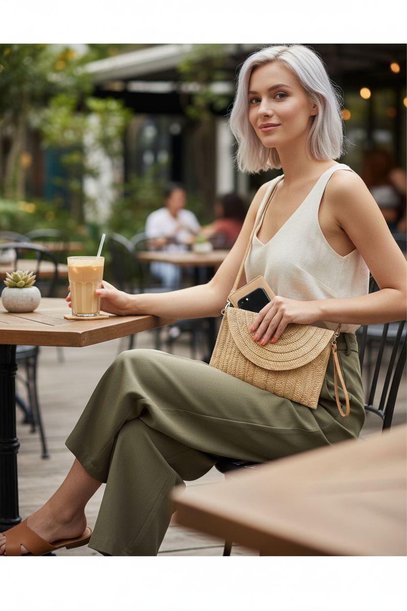 Light brown COOKOOKY straw clutch handbag resting on lap at a garden café.