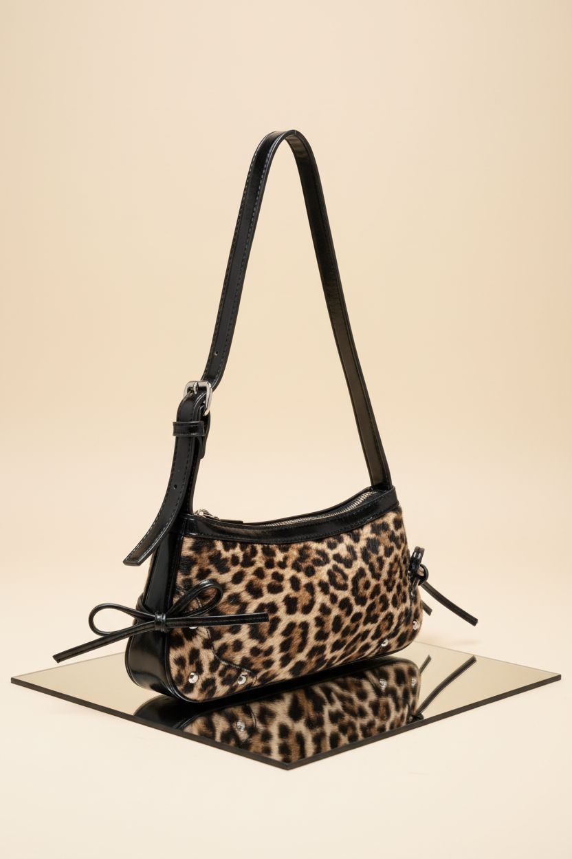 Close-up of sleek Verdusa Y2K leopard handbag showcasing bowknot and PU leather texture