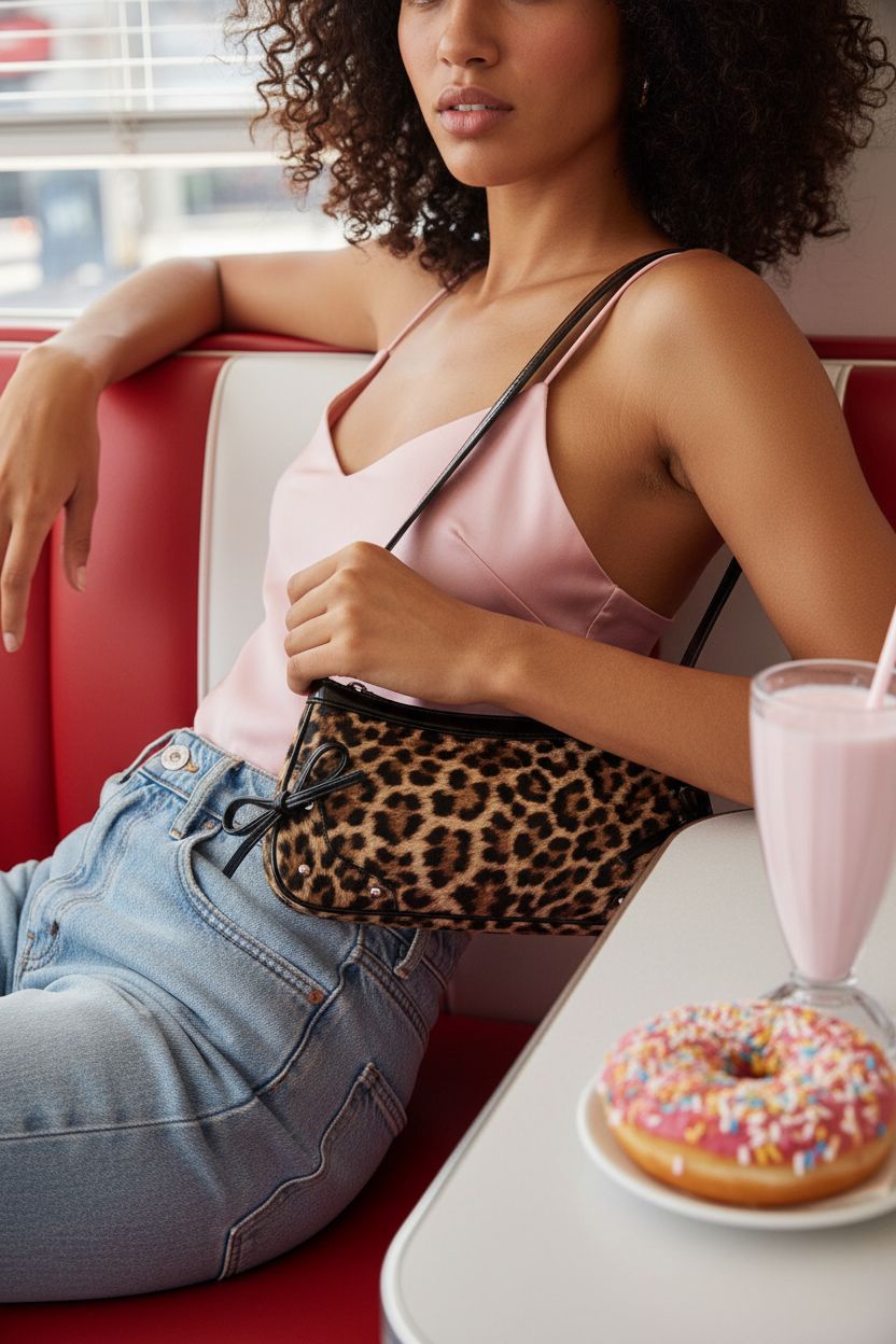 Verdusa Y2K leopard-print handbag elegantly styled in retro diner with vibrant colors