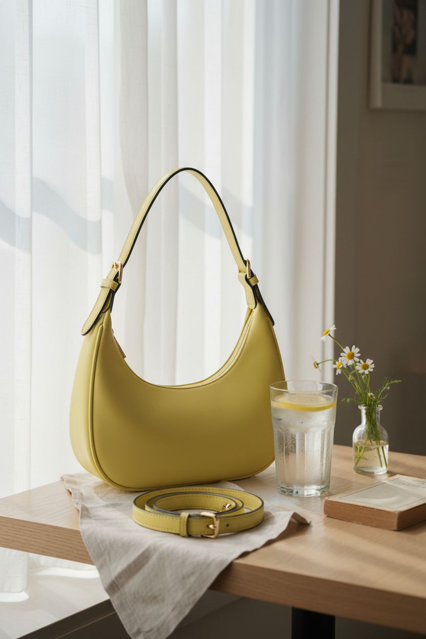 SYXLCYGJ yellow purse resting on a café table with morning light ambiance.