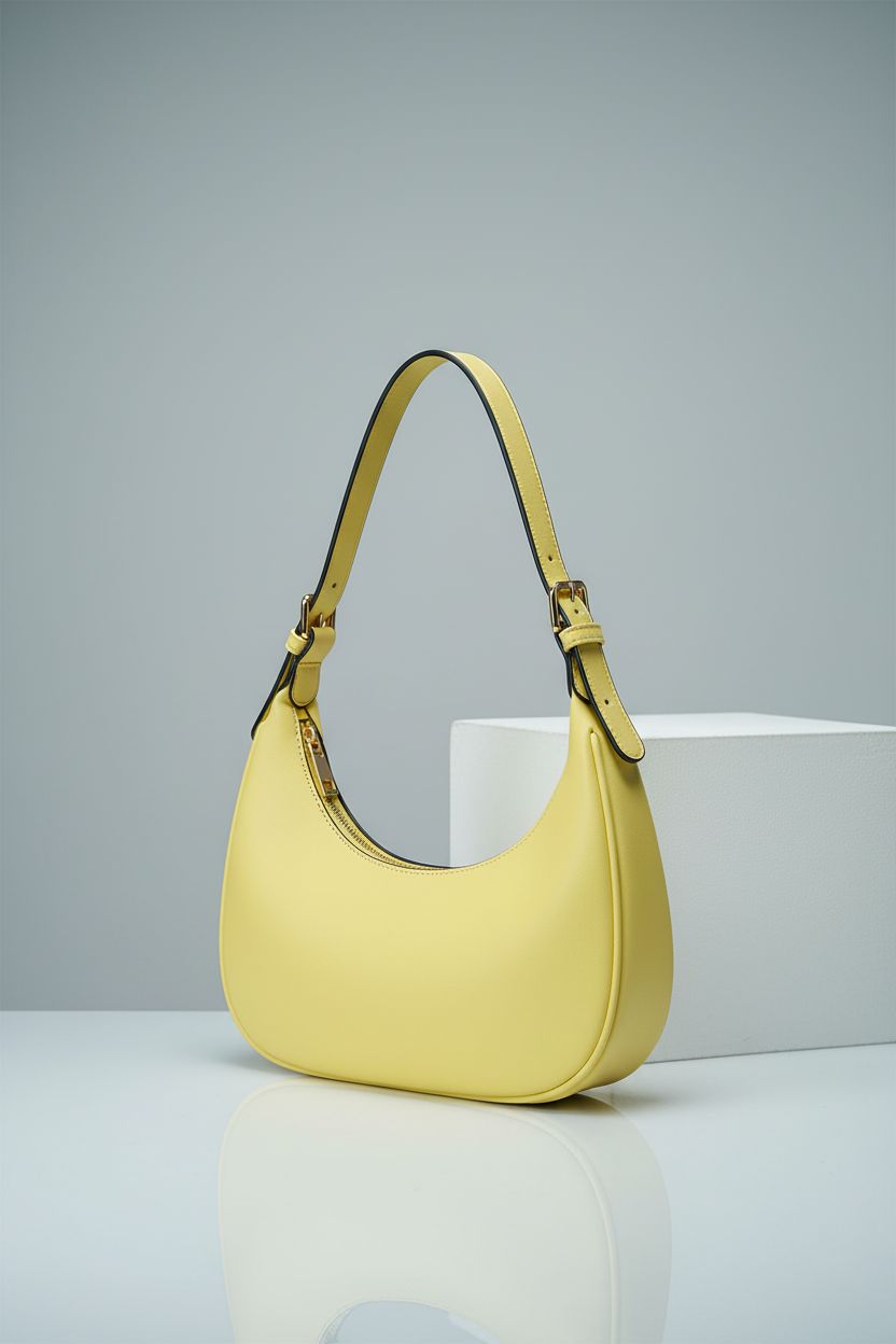 Product shot of SYXLCYGJ yellow crescent bag on a gray backdrop.