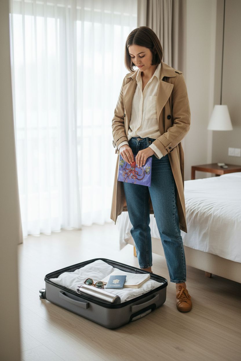 Blue Q zipper pouch with octopus design, perfect for travel essentials in a boutique hotel room.