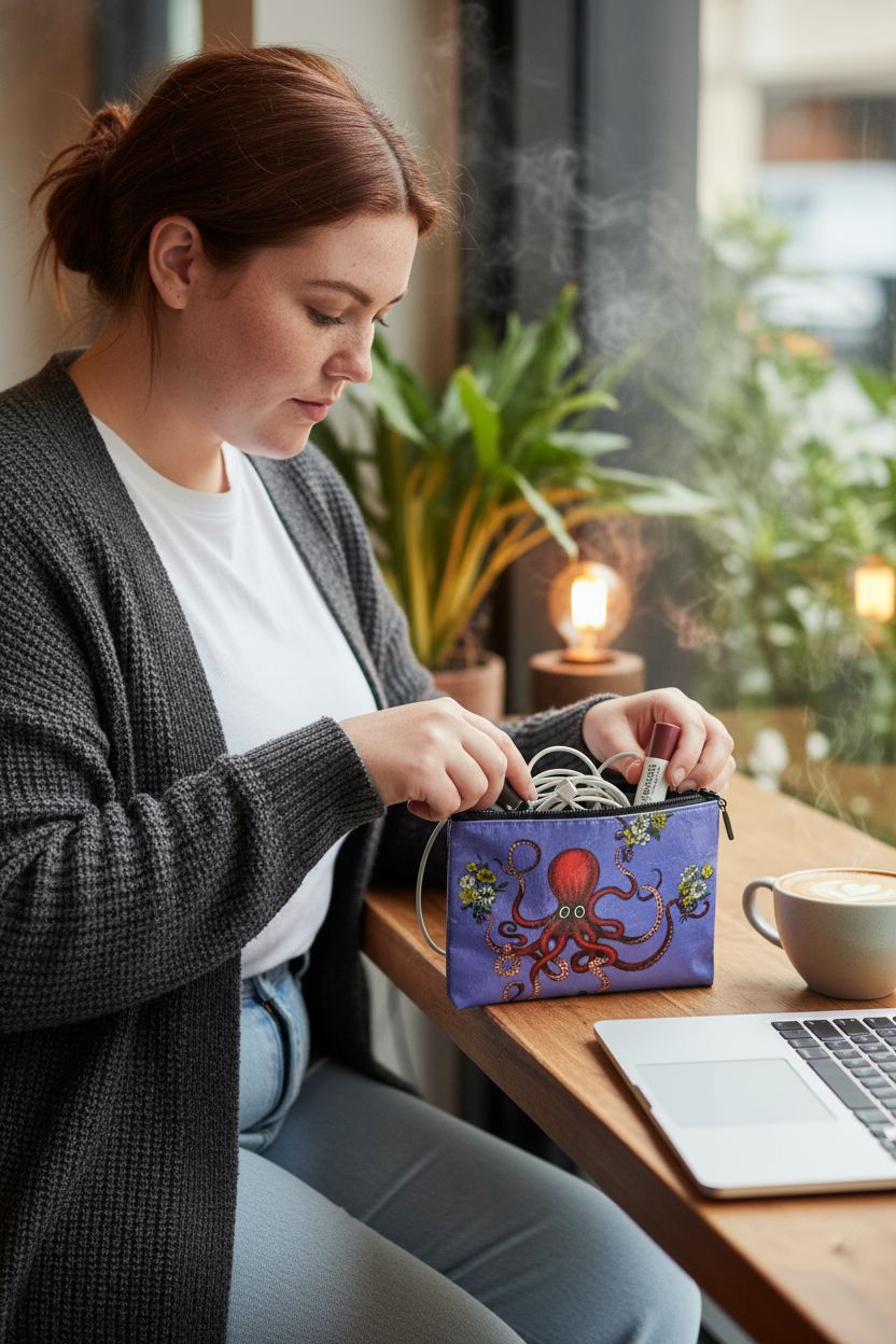 Blue Q zipper pouch in a cozy café setting, holding charging cables and lip balm for everyday use.