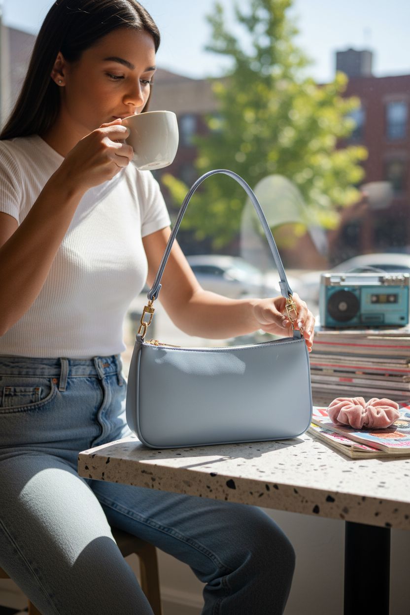 NIUEIMEE ZHOU 90s purse on terrazzo table amidst retro decor.