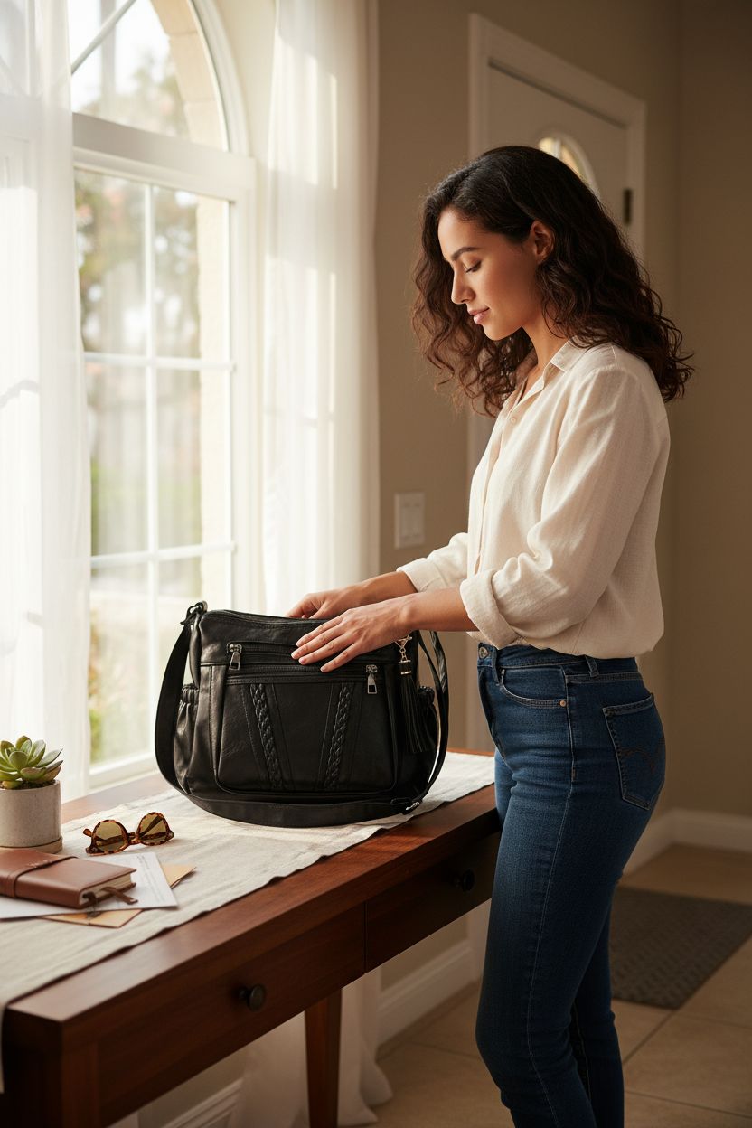 ELDA crossbody bag set on a console, showcasing everyday essentials and readiness.