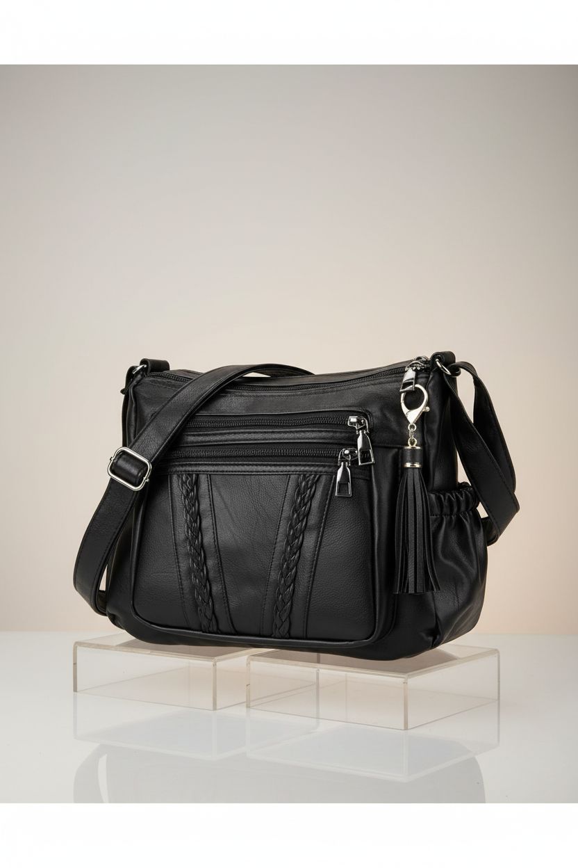 ELDA's black PU leather crossbody bag displayed elegantly on a riser.