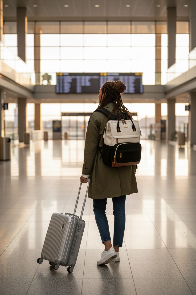 LOVEVOOK cream and black color-block backpack purse in a modern travel setting.