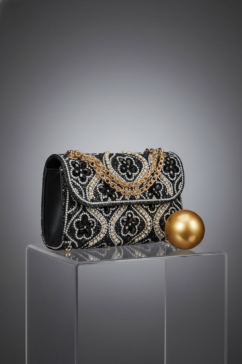 BBTT.ful black floral rhinestone beaded bag on pedestal with gold accents