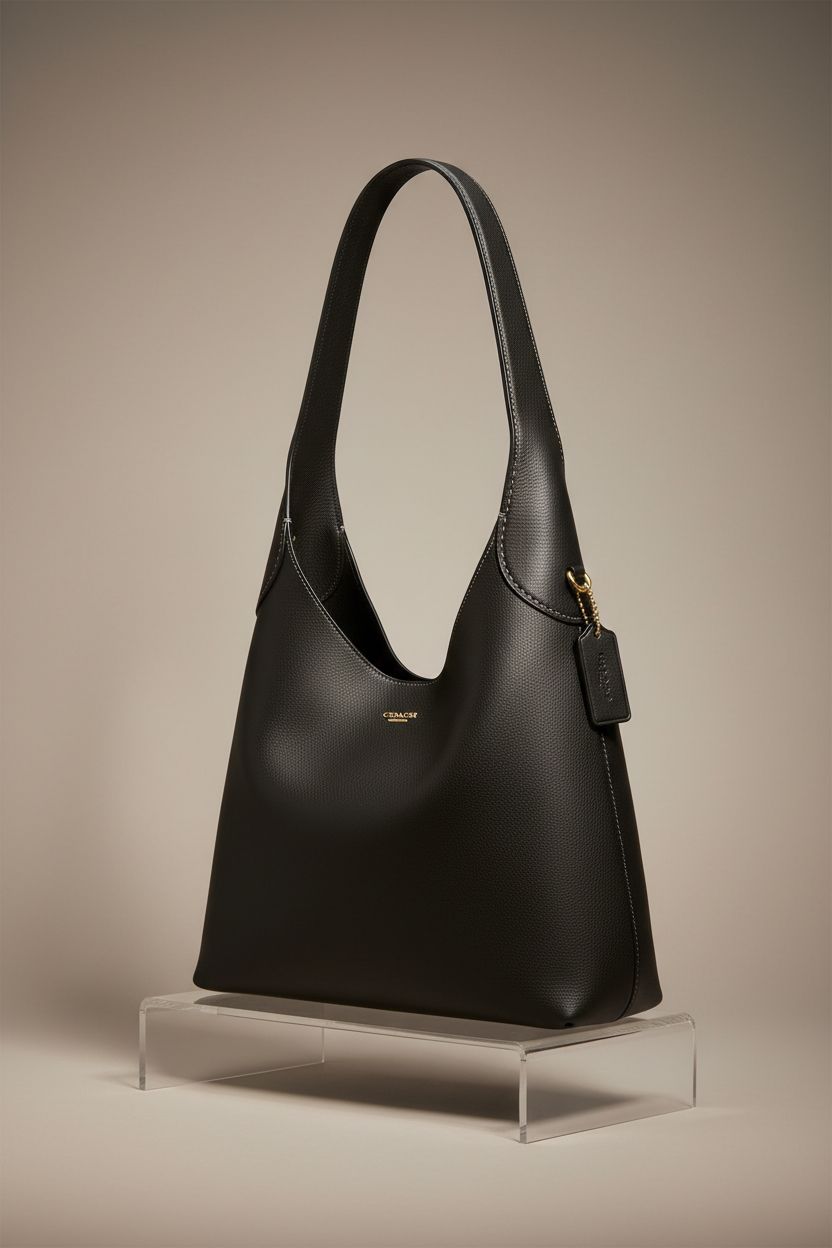 COACH Brooklyn Shoulder Bag 28 in sleek black leather, showcasing its elegant design on a clean studio backdrop.