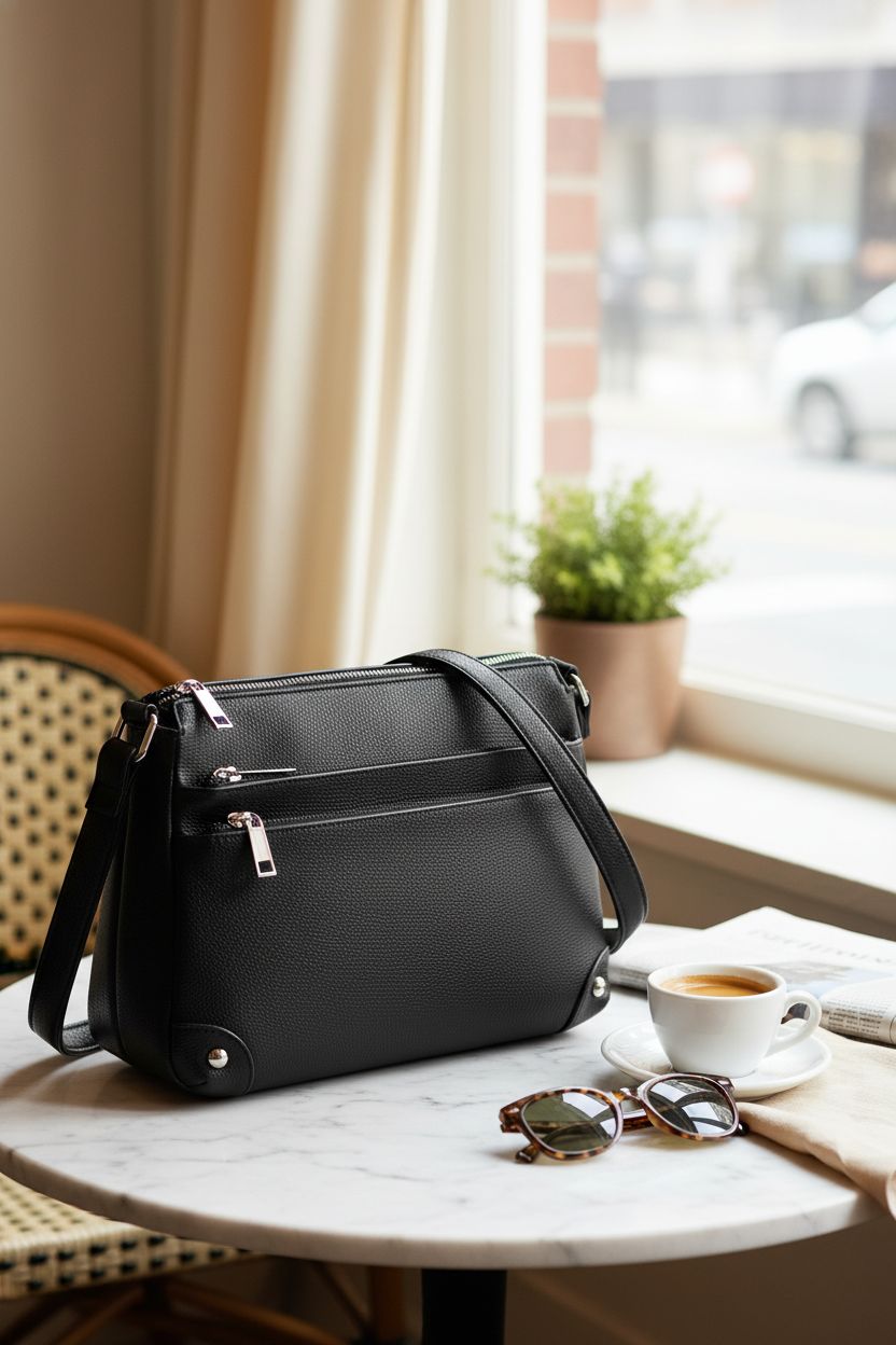 WESTBRONCO black purse on marble table with coffee and newspaper in cozy café