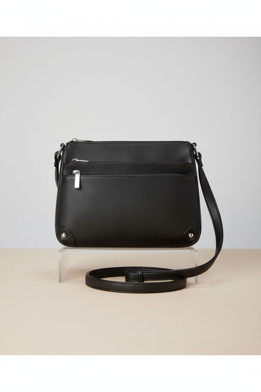 WESTBRONCO medium black handbag showcasing pebble texture and multi-zipper design