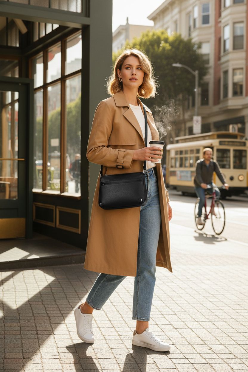 WESTBRONCO black vegan leather crossbody bag worn for easy access during commute