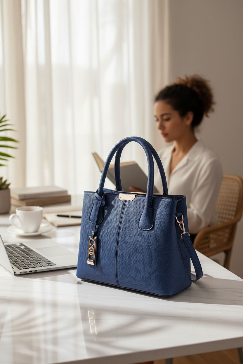 COCIFER blue handbag on marble desk, highlighting its pebbled leather and gold charm.