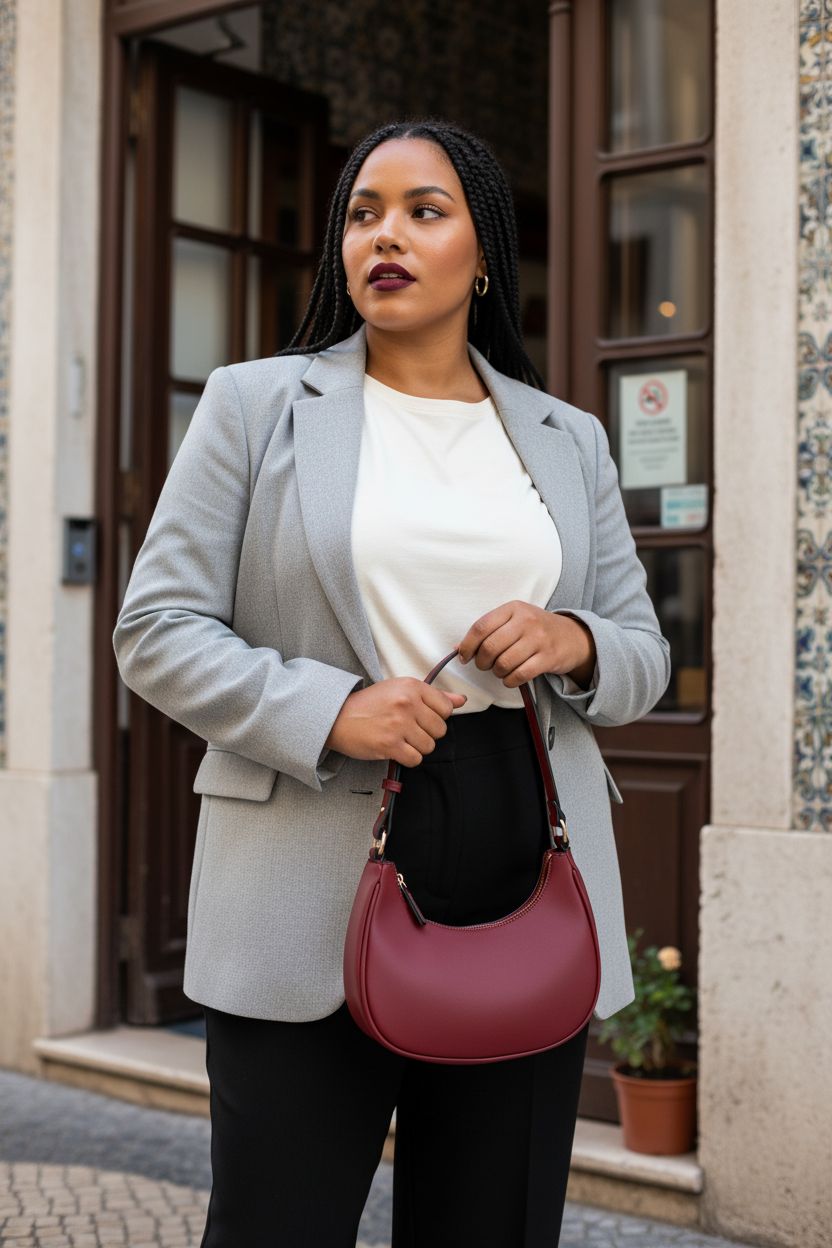 FashionPuzzle burgundy handbag in a cozy café setting, showcasing elegant design and style.