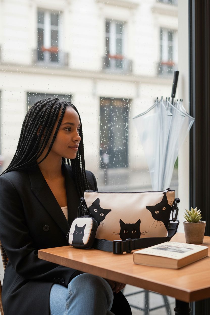 Miss Adola cat purse beside a book and plant in a cozy café nook on a rainy day