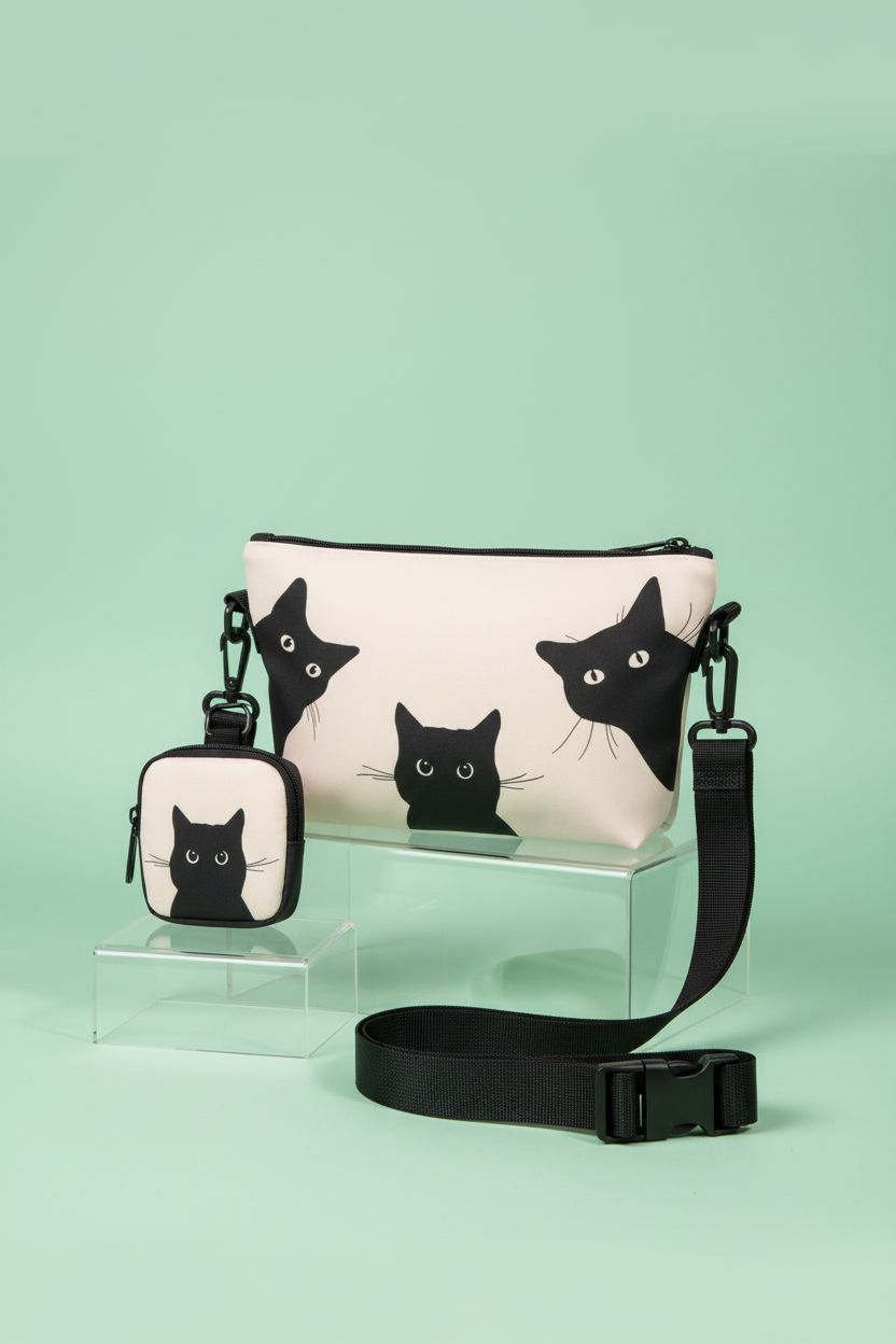 Miss Adola beige cat purse displayed on acrylic risers, highlighting its design and features
