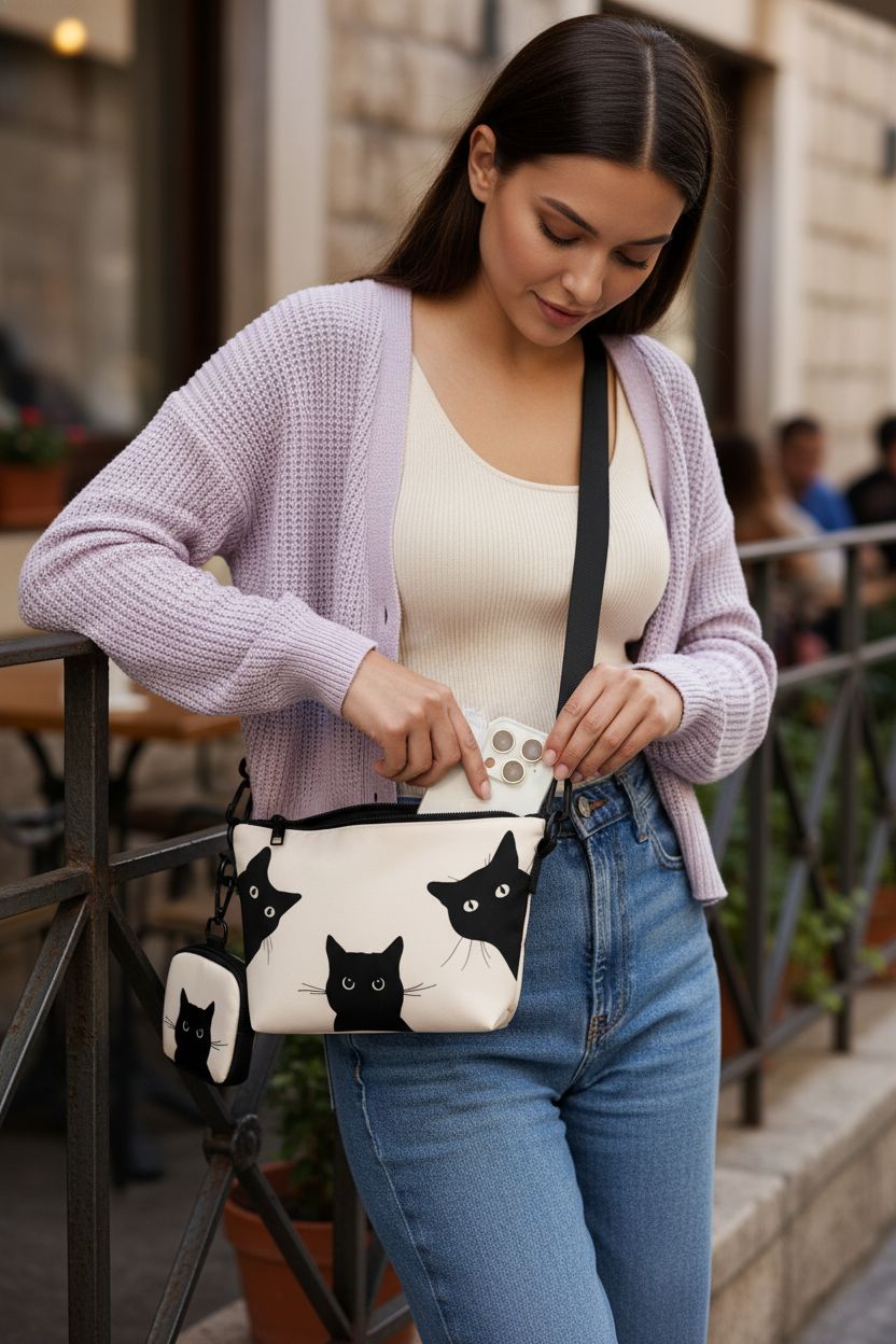 Beige cat purse from Miss Adola, showcasing its spacious design while a phone is added