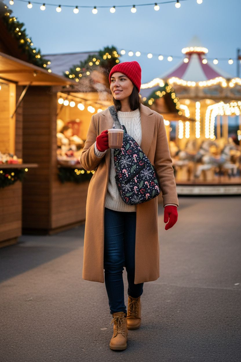 Christmas Crossbody Sling Bag by Krirteh with candy-cane print at a festive market.