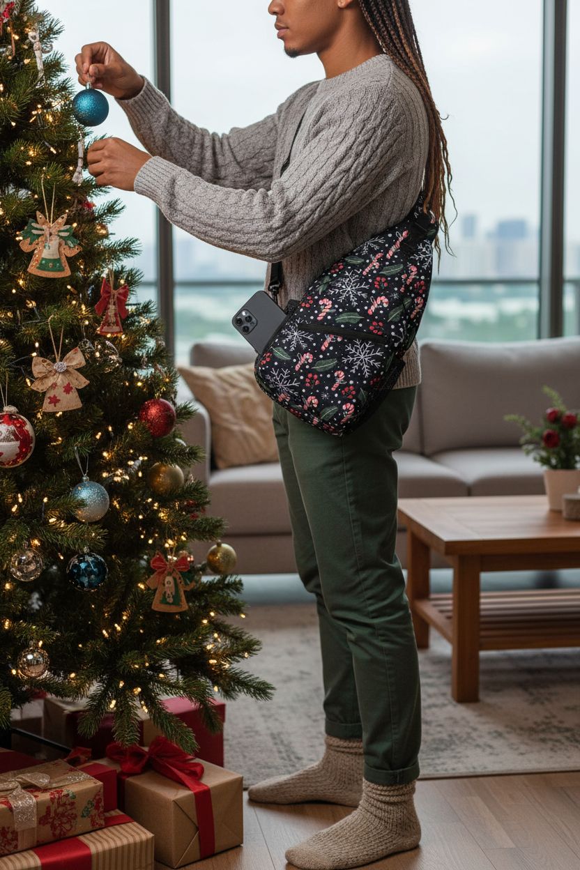 Krirteh Holiday Sling Bag in Christmas pattern while decorating a cozy living room.