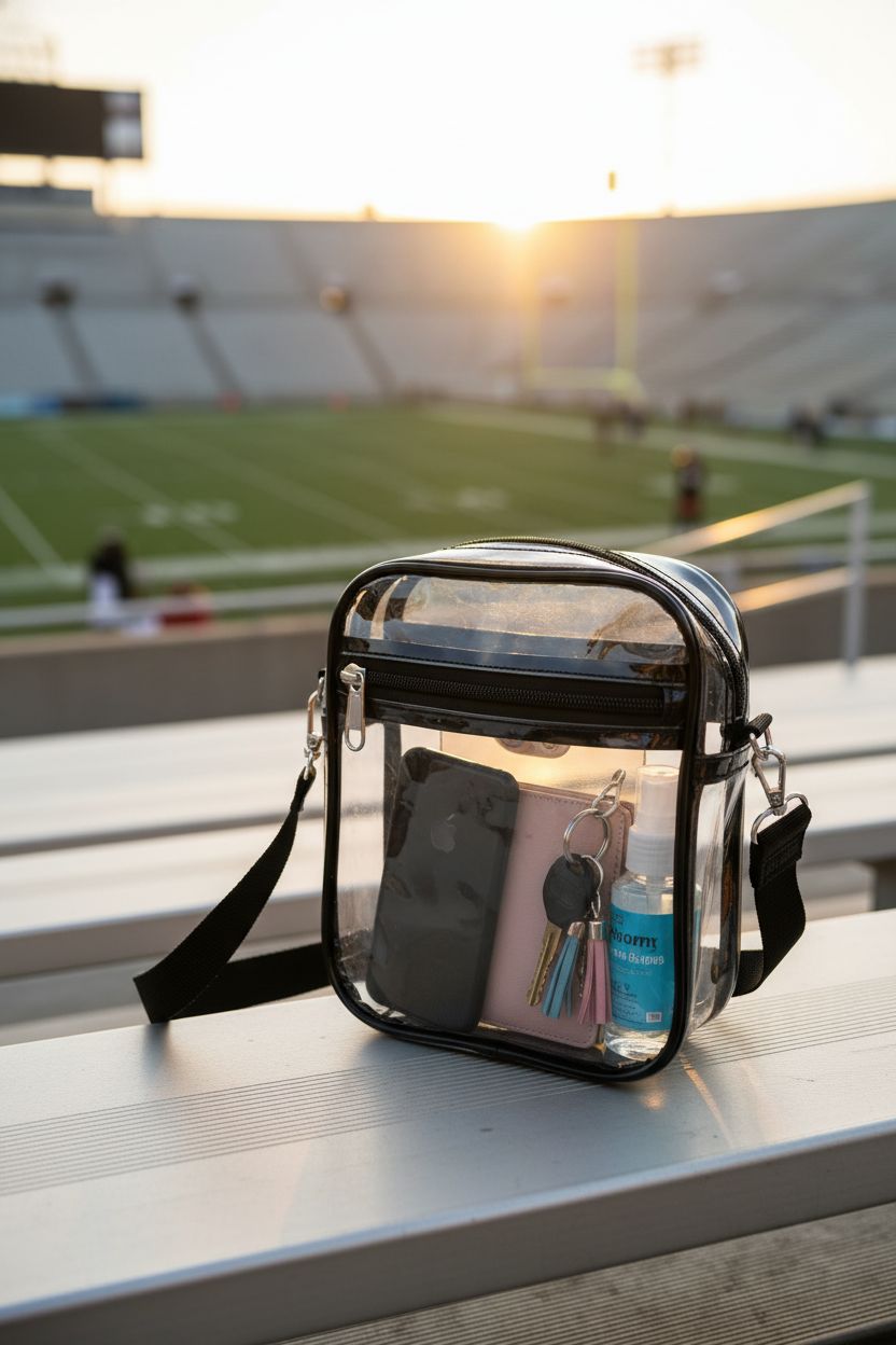Fibrdoo clear purse resting on bleachers, highlighting its spacious interior with essentials like a phone and wallet