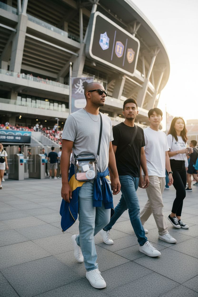 Fibrdoo clear crossbody bag worn casually outside a stadium, displaying its practical storage and stylish look