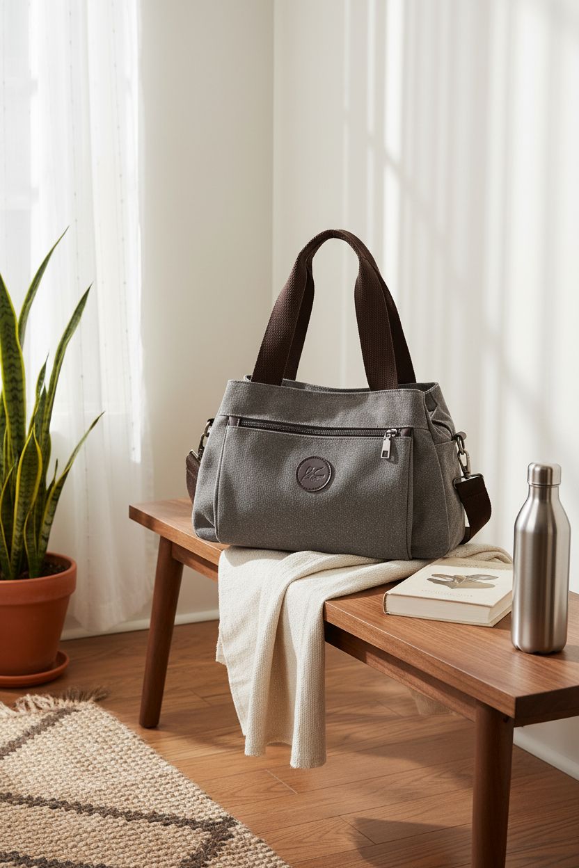 DOURR gray canvas handbag in a cozy apartment setting, perfect for daily use and style.