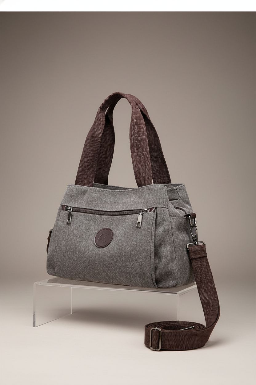 DOURR gray canvas handbag showcasing front pocket and strap design, highlighting quality craftsmanship.