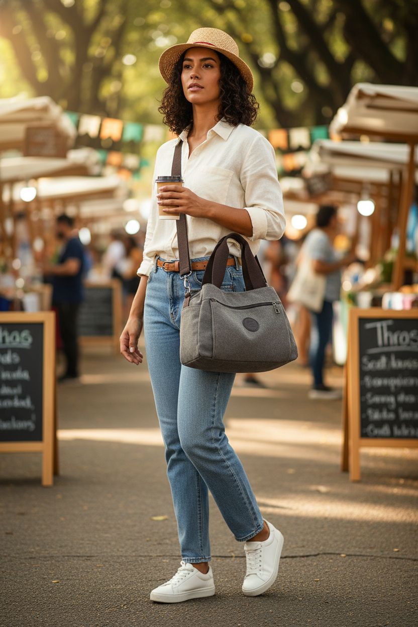 DOURR gray canvas hobo handbag worn crossbody at a weekend market, stylish and functional.
