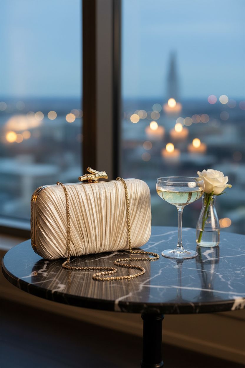 Freie Liebe champagne-gold clutch bag on marble table with champagne and candlelight ambiance.