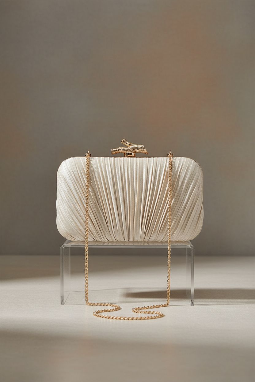 Freie Liebe pleated clutch bag showcased on acrylic riser against warm-gray backdrop.