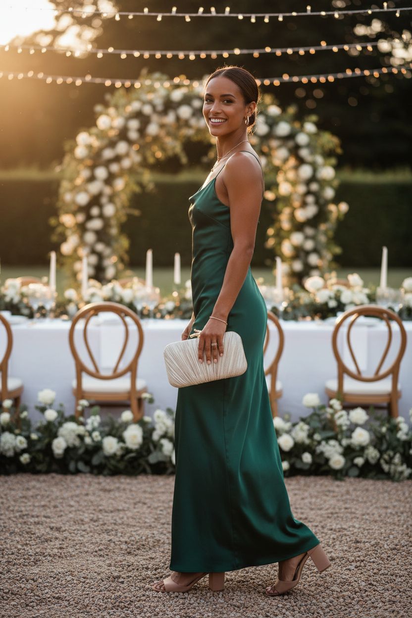 Freie Liebe champagne-gold pleated clutch bag glowing in sunset light at a wedding.