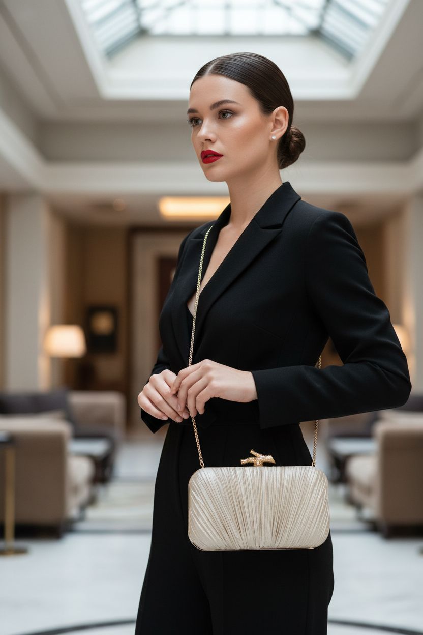 Freie Liebe gold pleated clutch bag styled with a black jumpsuit in a hotel lobby.
